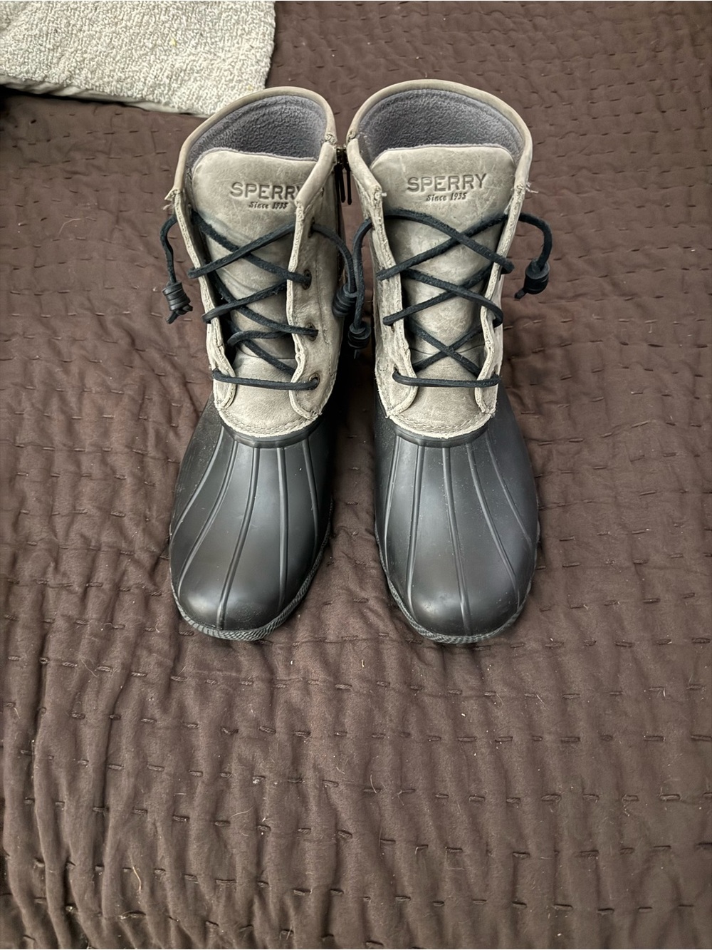 Sperry Gray Suede and Black Rubber Lace-Up Duck Boots